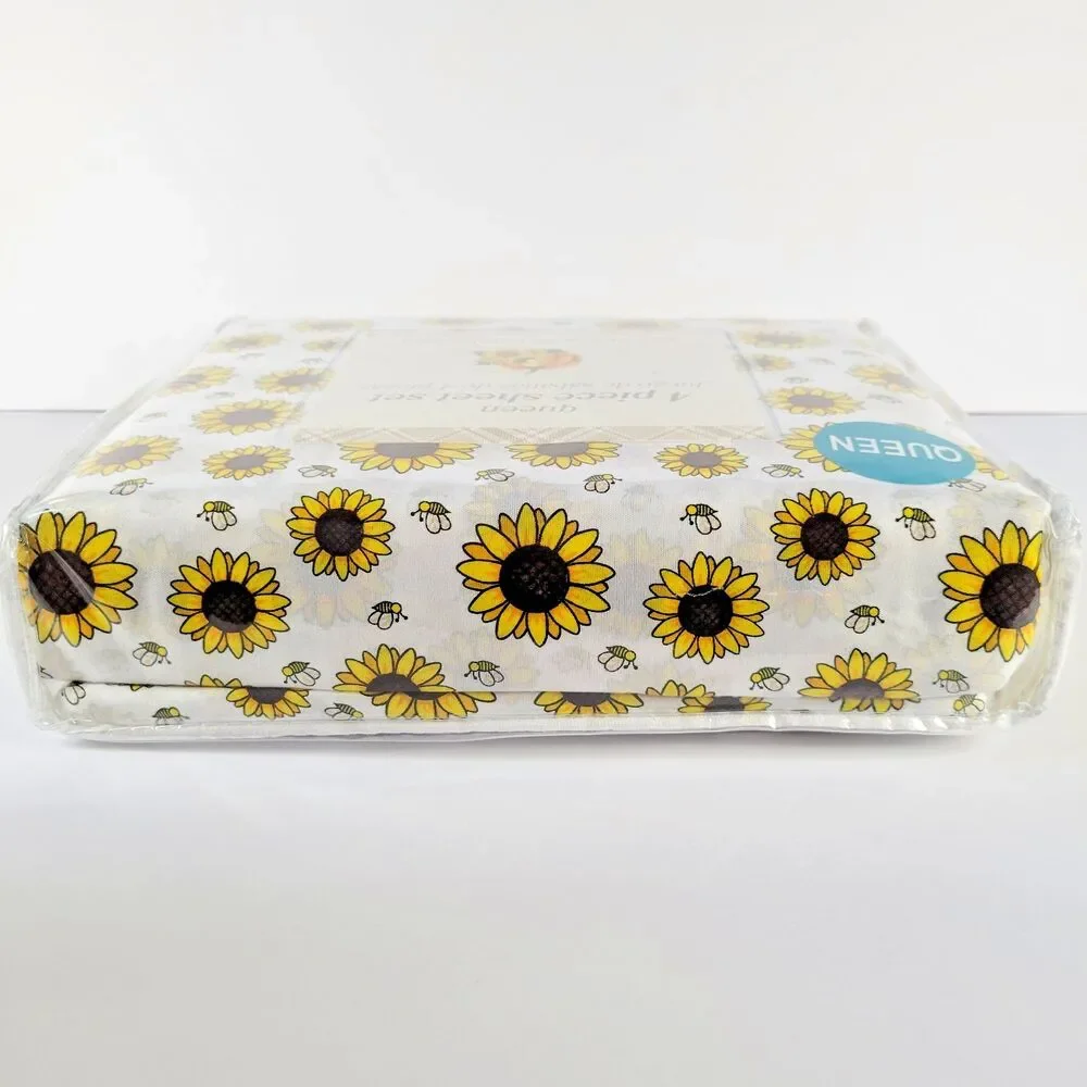 Sunflowers Honey Bees 4pc QUEEN Sheets Set Harvest Fall Sunflower Field Garden
